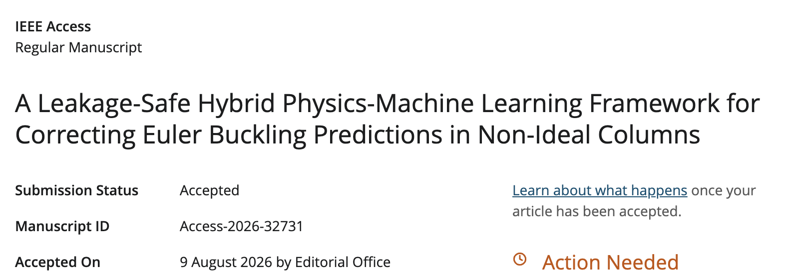IEEE Access submission portal showing the leakage-safe physics-machine learning manuscript title, accepted status, manuscript ID, and acceptance date.
